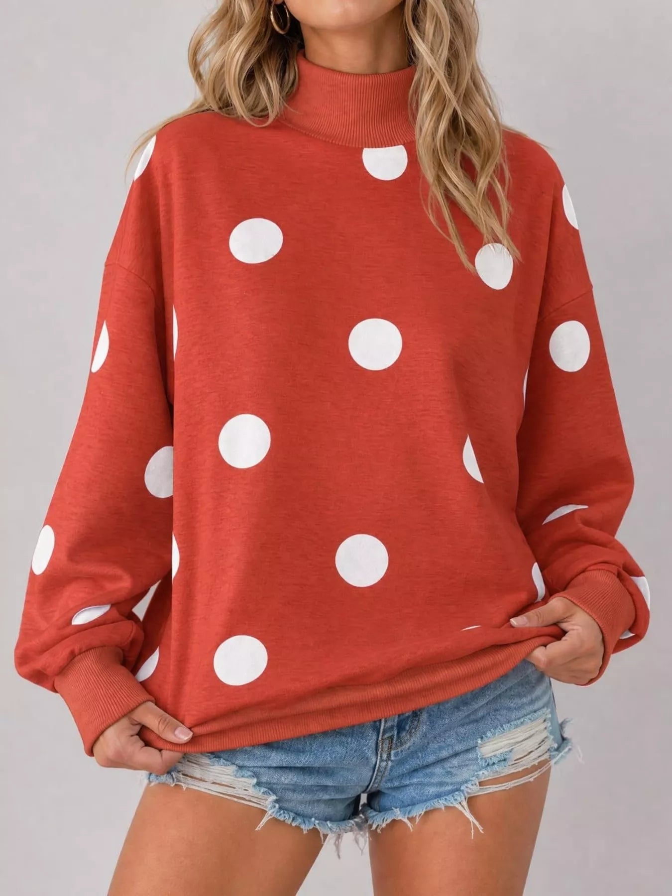 Trendsi Mock Neck Polka Dot Print Oversized Sweatshirt -