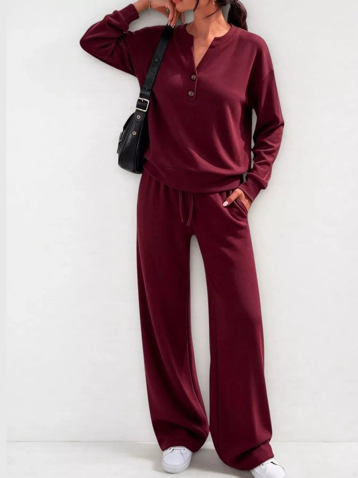Burgundy button detail top and wide-leg pants set — front view
