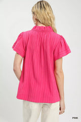 Trendsi Umgee Texture Flutter Sleeve Notched Blouse -
