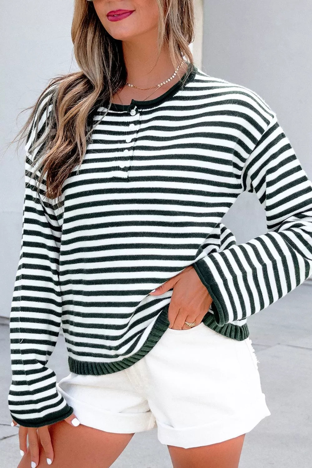 Trendsi Striped Button Placket Drop Shoulder Long Sleeve Sweater -