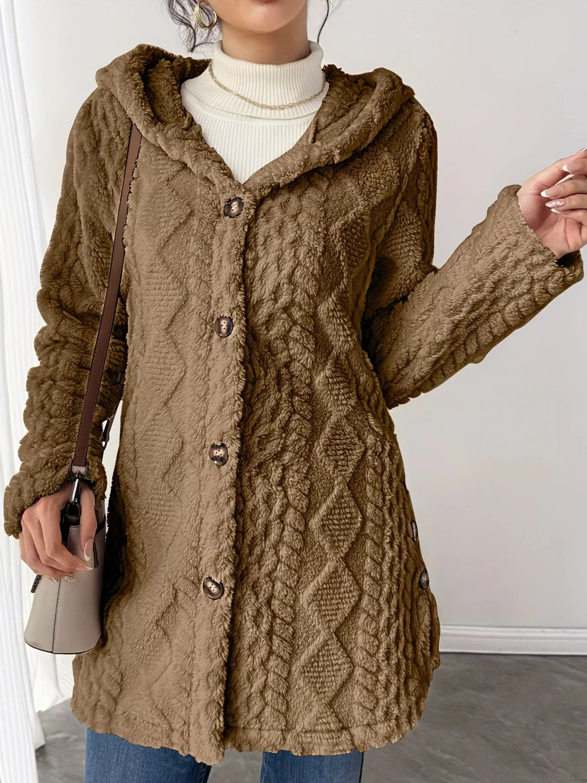 Camel cable knit faux fur hooded jacket