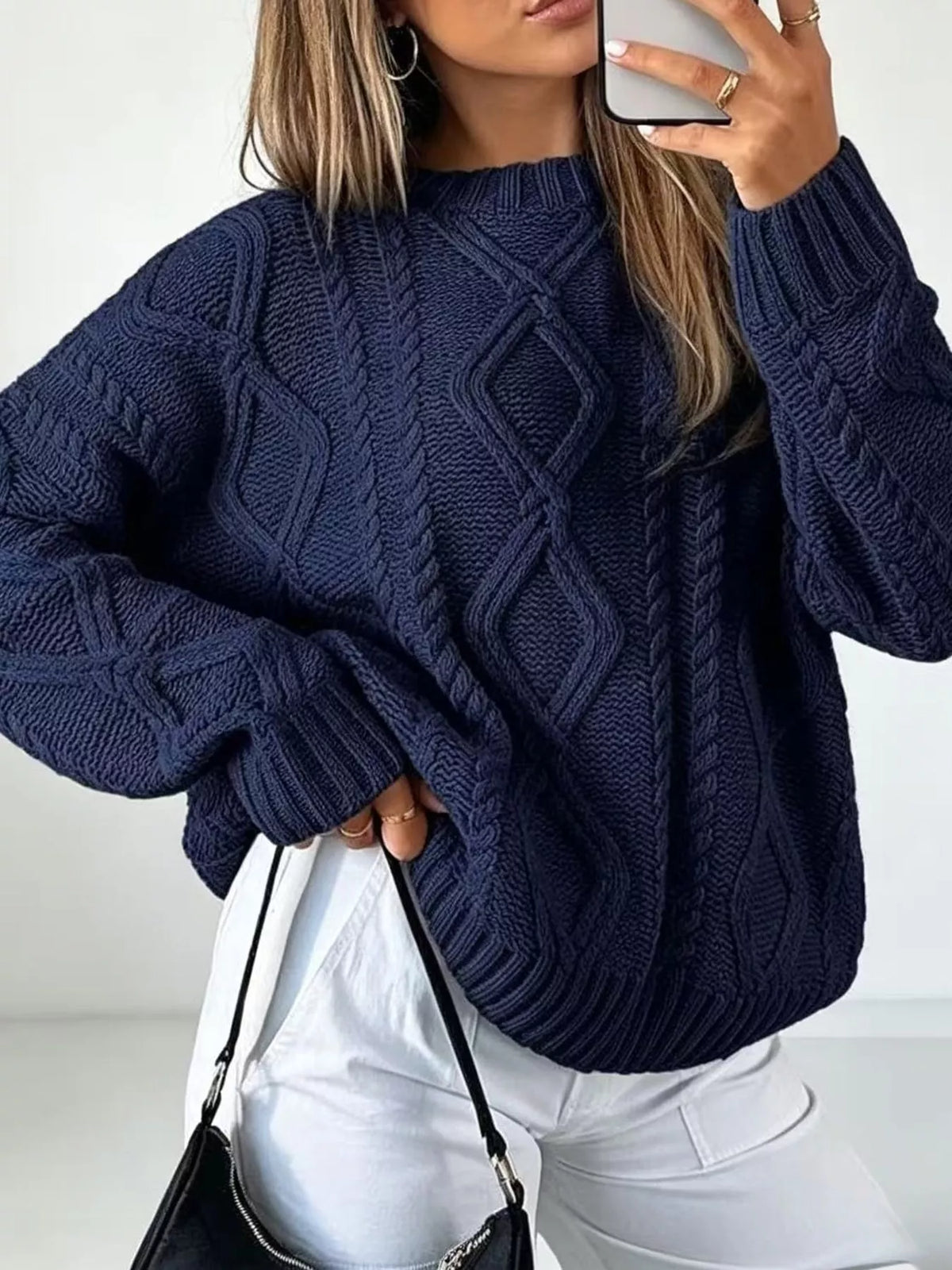 Navy cable-knit round neck sweater