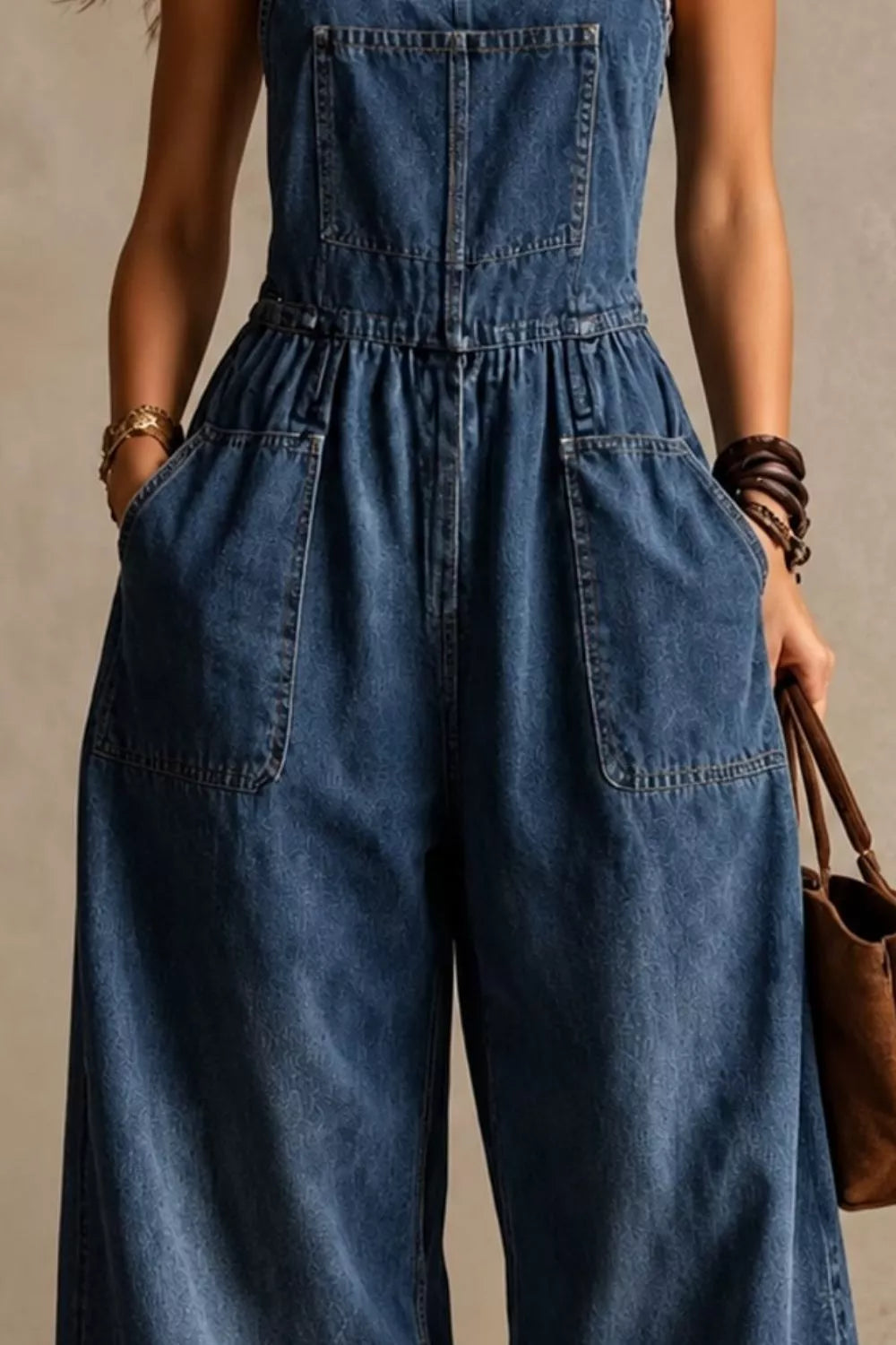 Vintage Wash Wide-Leg Denim Overalls with Pockets — construction details