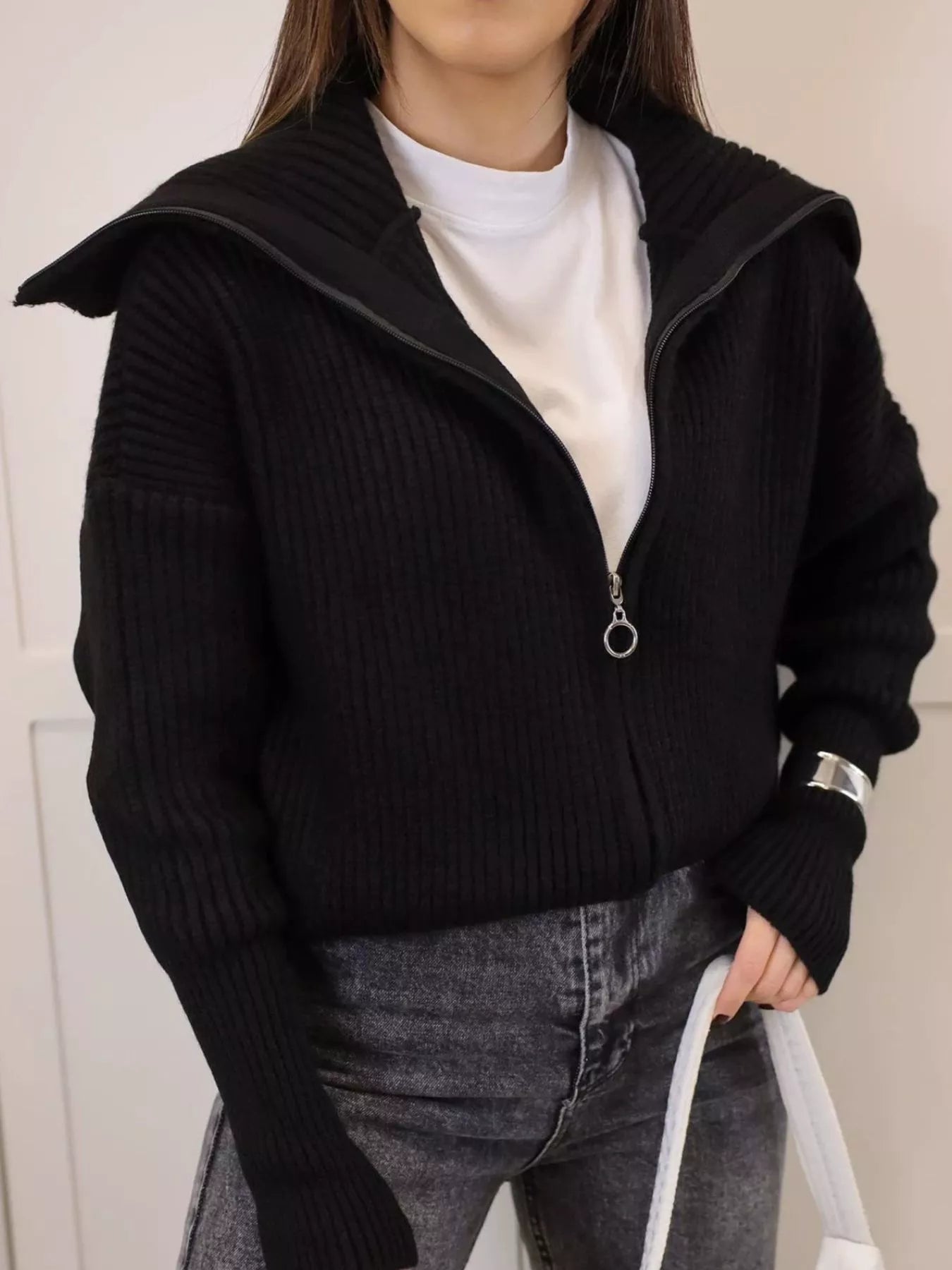 Trendsi Zip Up Dropped Shoulder Cardigan -