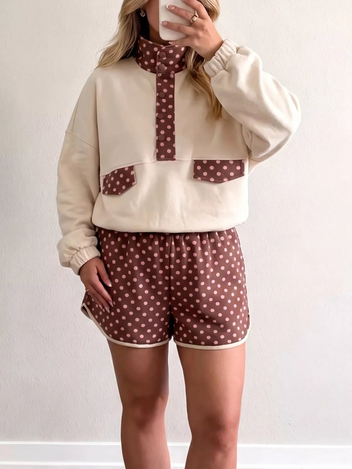 Polka-dot top and shorts set, cream brown set full front
