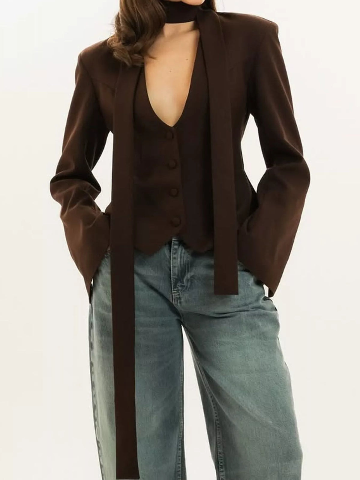 long sleeve blazer, front view on model