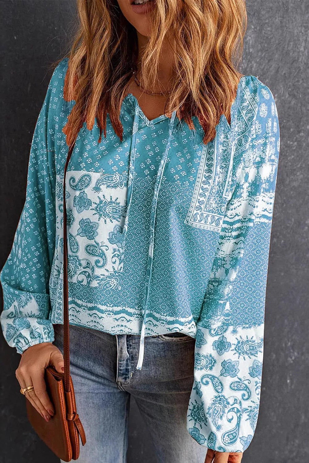 Trendsi Full Size Paisley Print Tie-Neck Long Sleeve Blouse Plus Size -