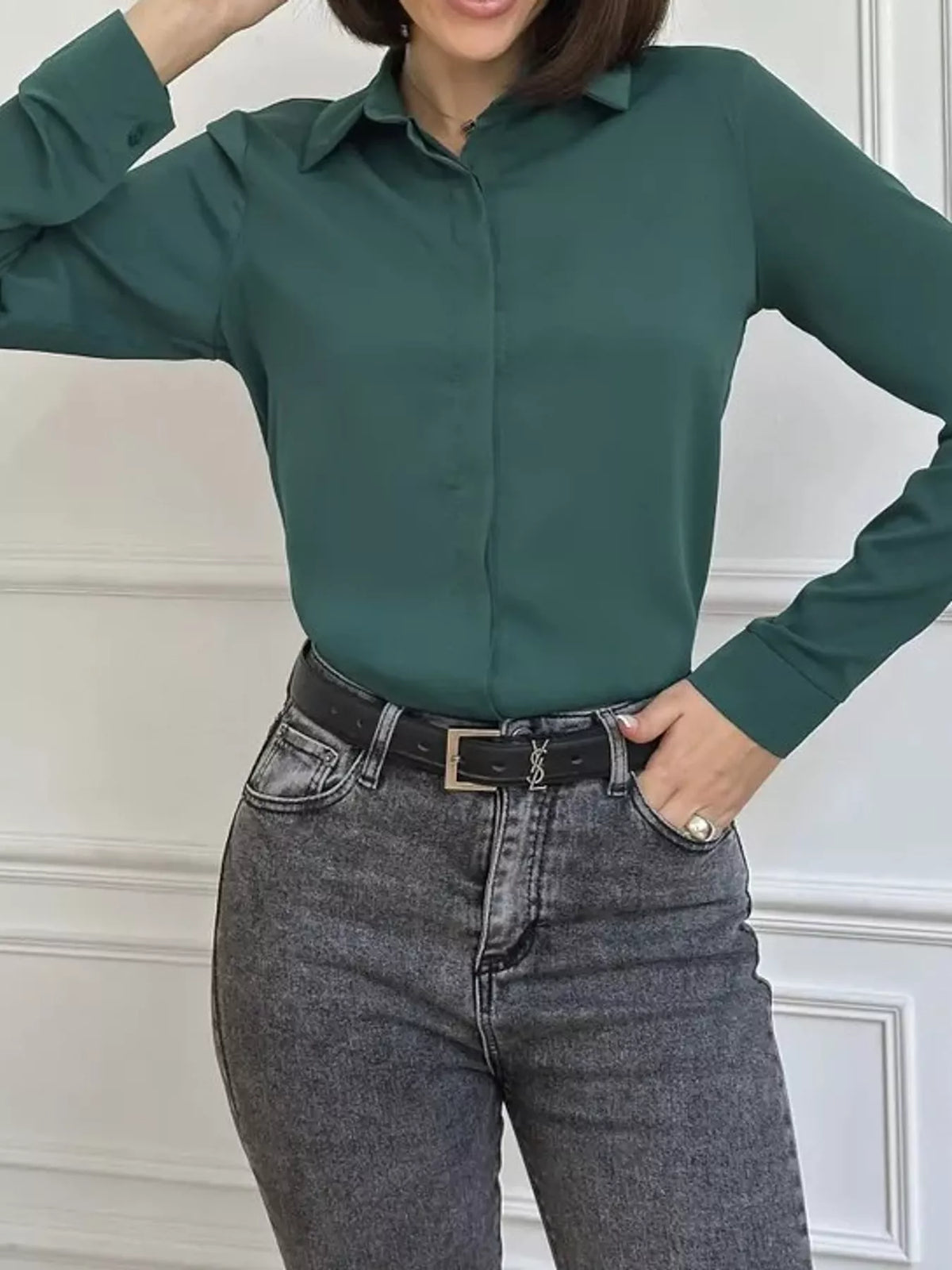 Button-up shirt, dark green angled front