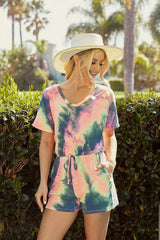 Trendsi BiBi Tie Dye French Terry V-Neck Romper with A Hole and Side Pocket and A Drawstring -