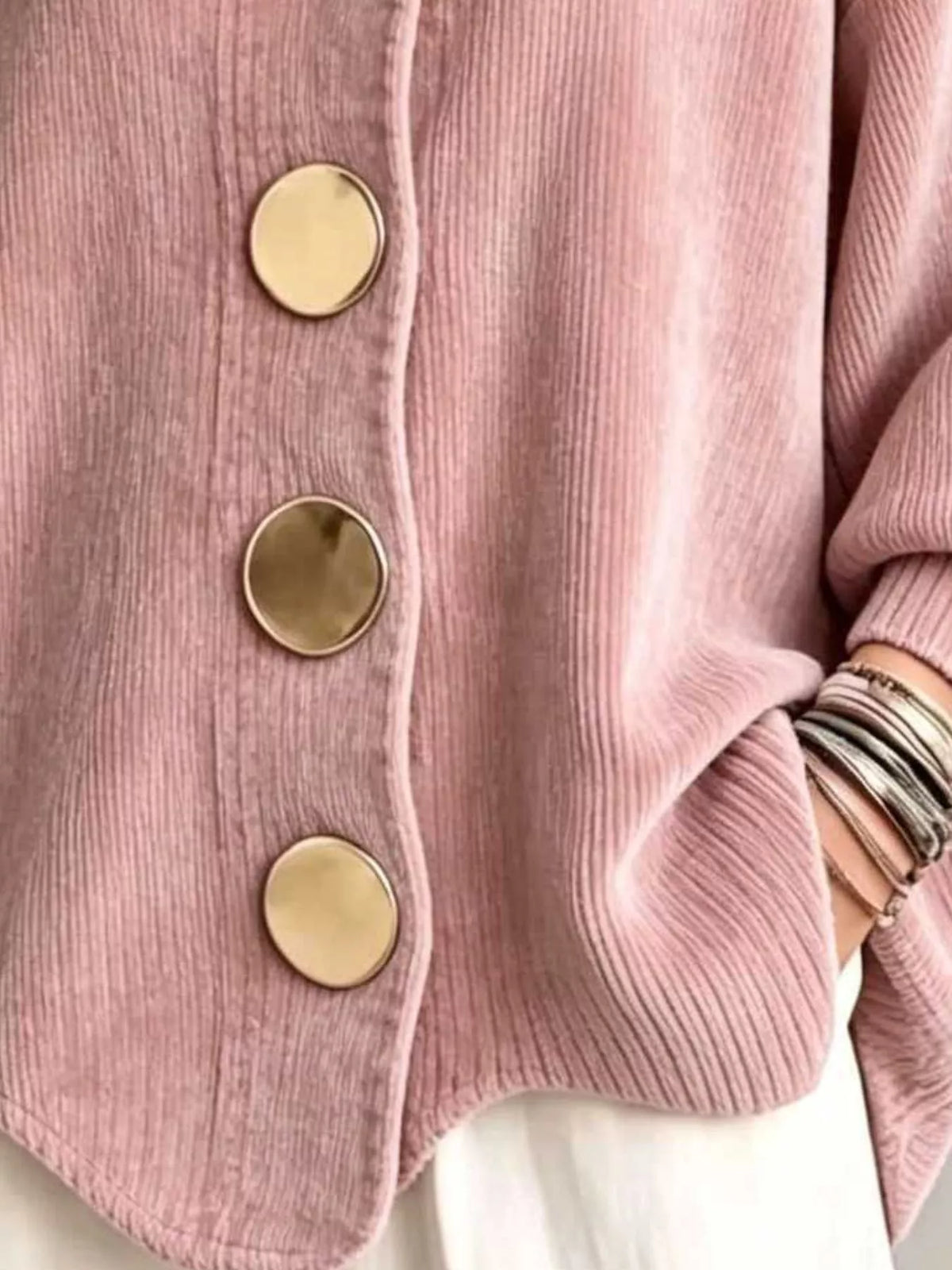 Women's Ribbed Knit Gold Buttons Cardigan in pink — button detail view