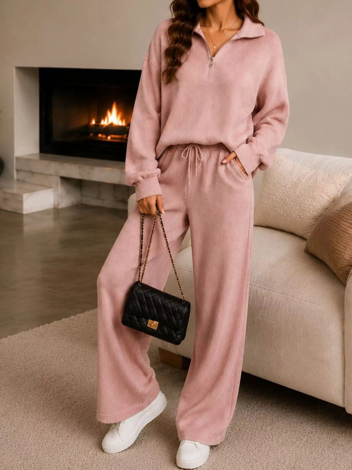 Pink quarter-zip knit top and pants set, full front view