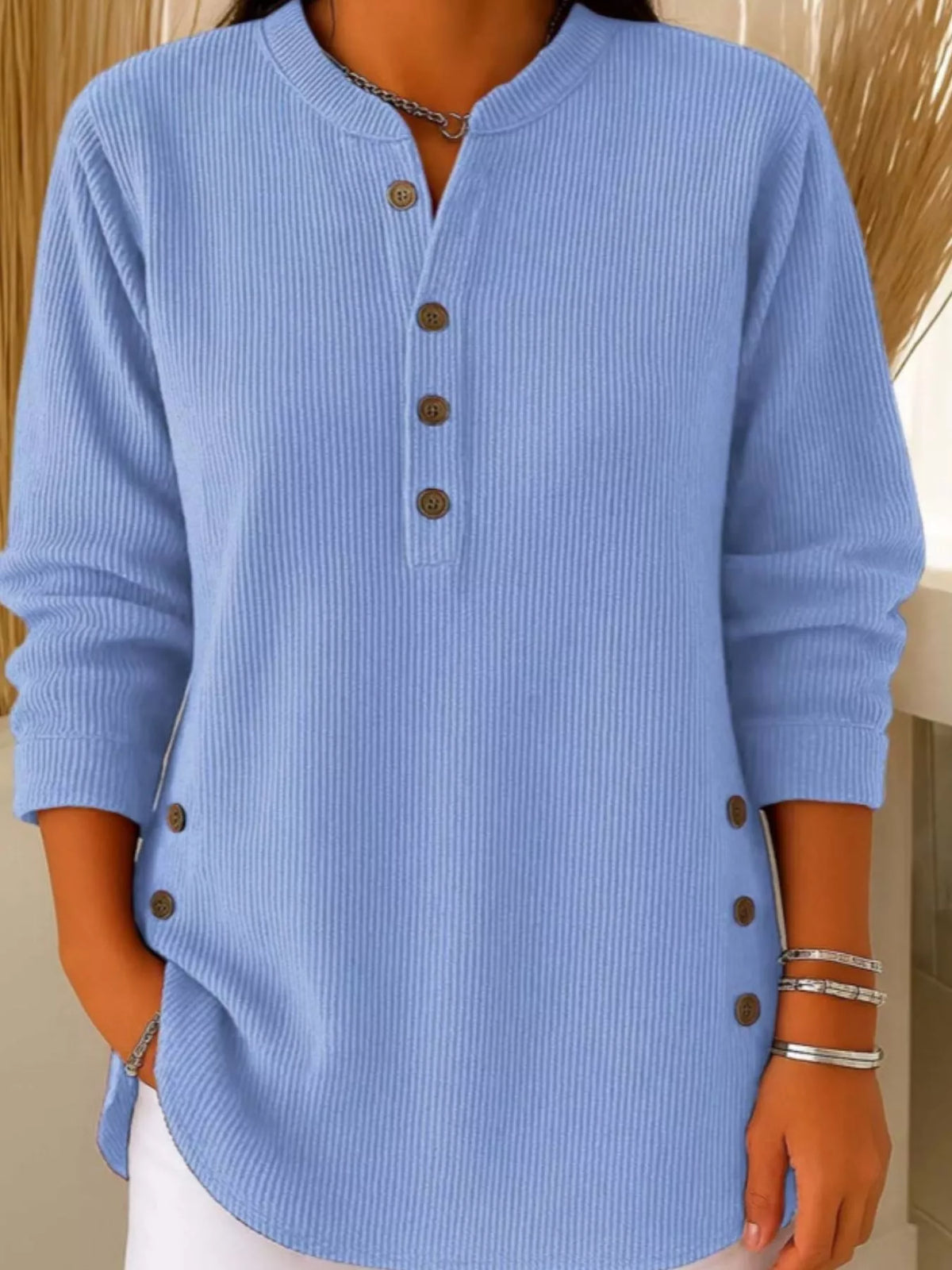 Women's Button Detail Corduroy Top in Blue, front view