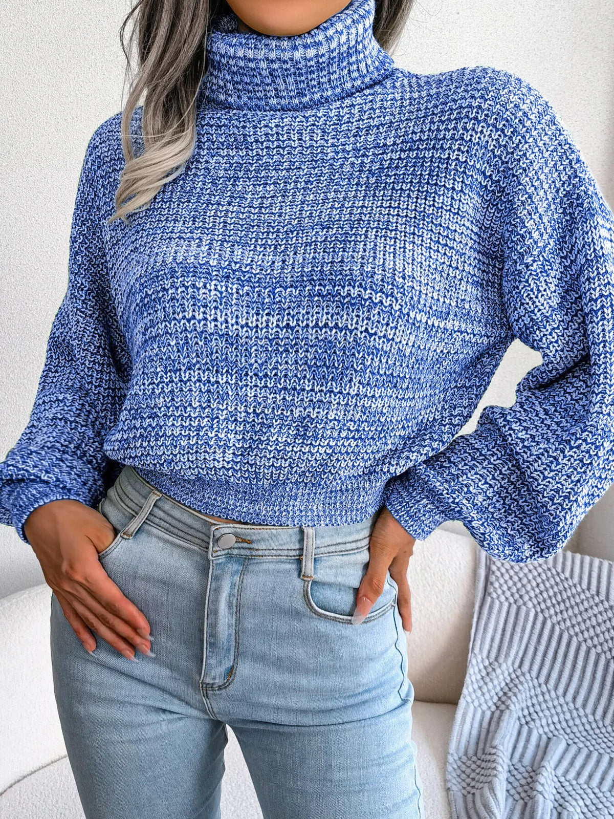 Turtleneck Dropped Shoulder Sweater in blue, front view