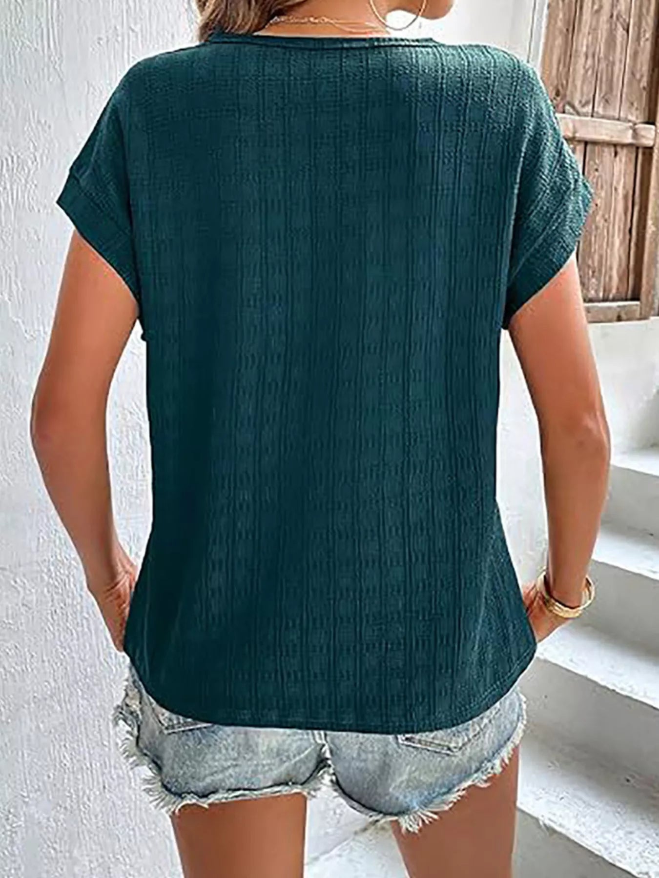 Trendsi Textured Round Neck Short Sleeve Top -