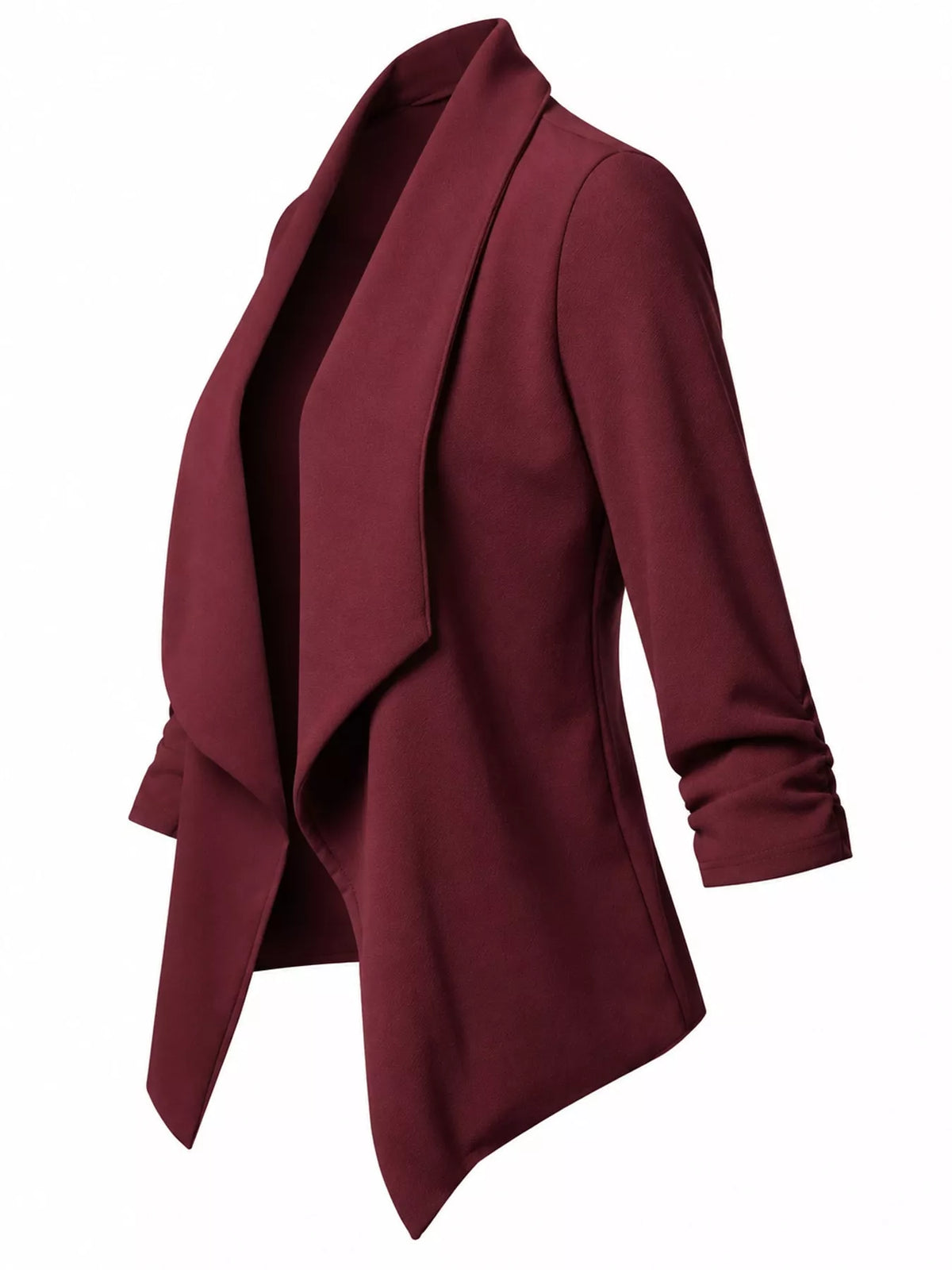 Burgundy open-front blazer with ruched 3/4 sleeves, side view
