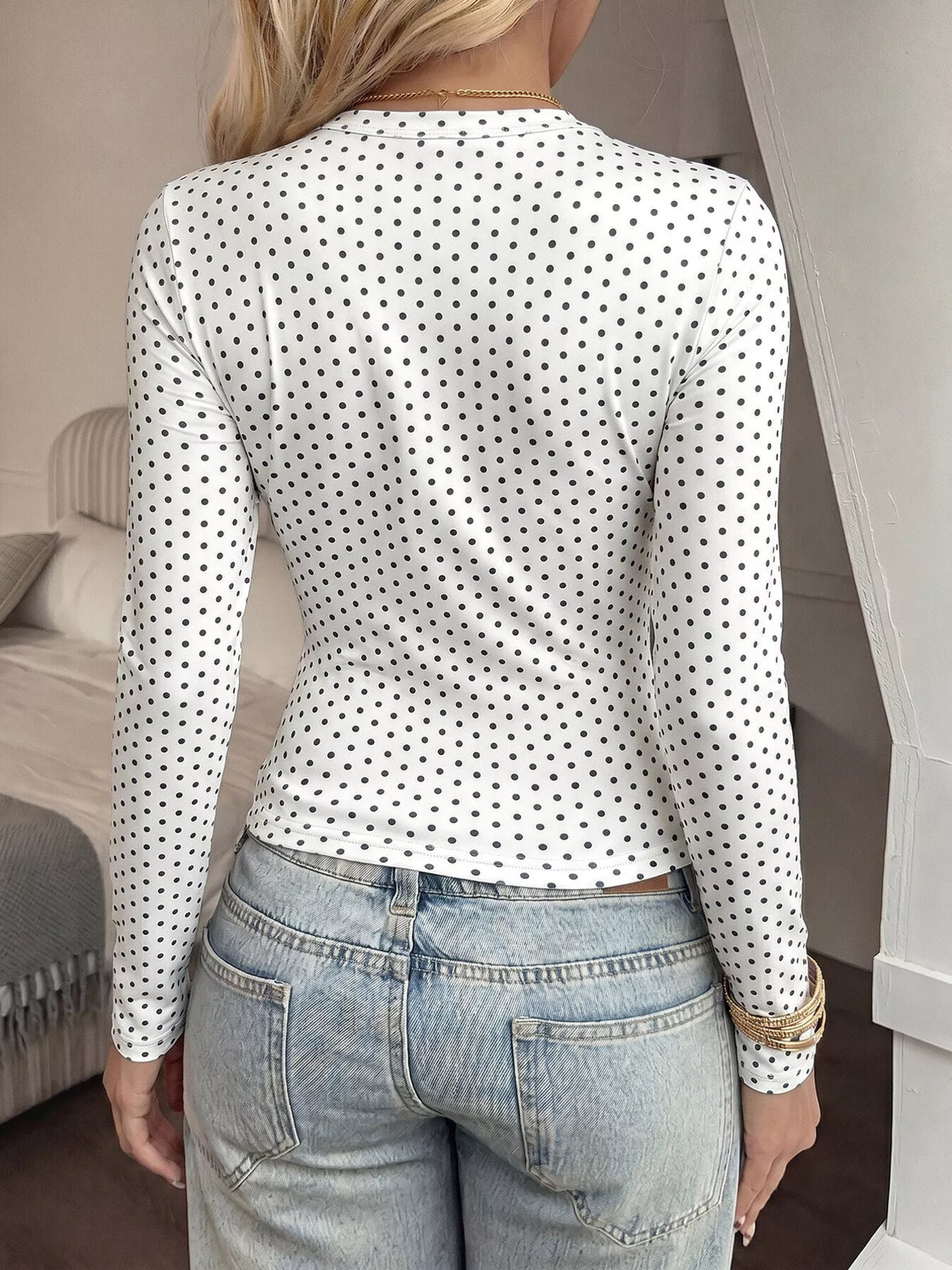 White polka dot slim-fit long sleeve T-shirt, back view