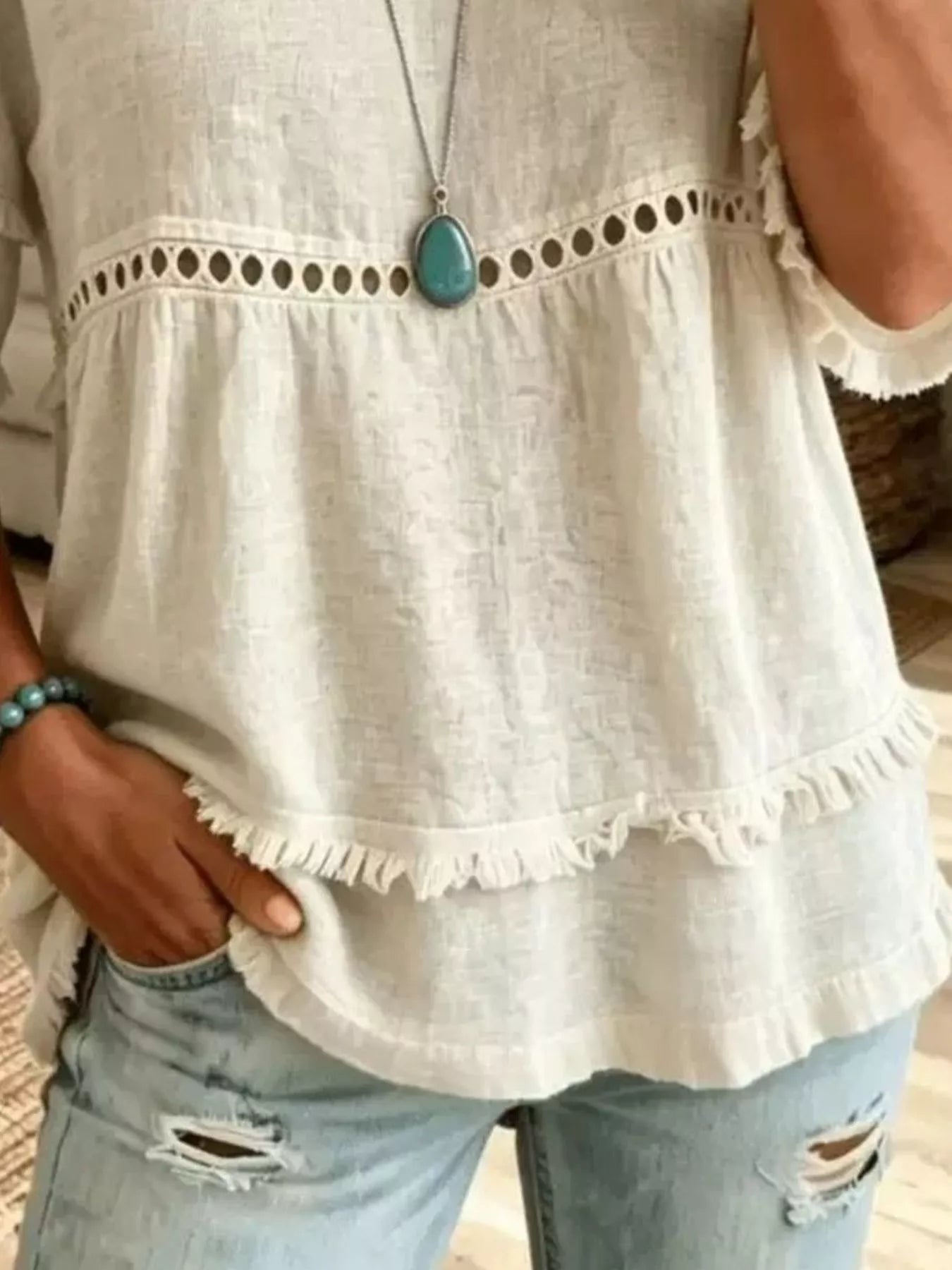 Trendsi Eyelet V-Neck Frayed Edge T-Shirt -