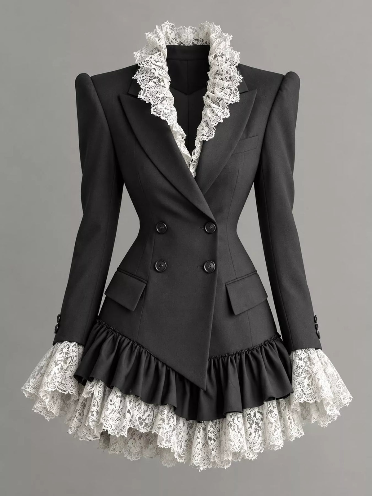 Black lace trim blazer dress, front view