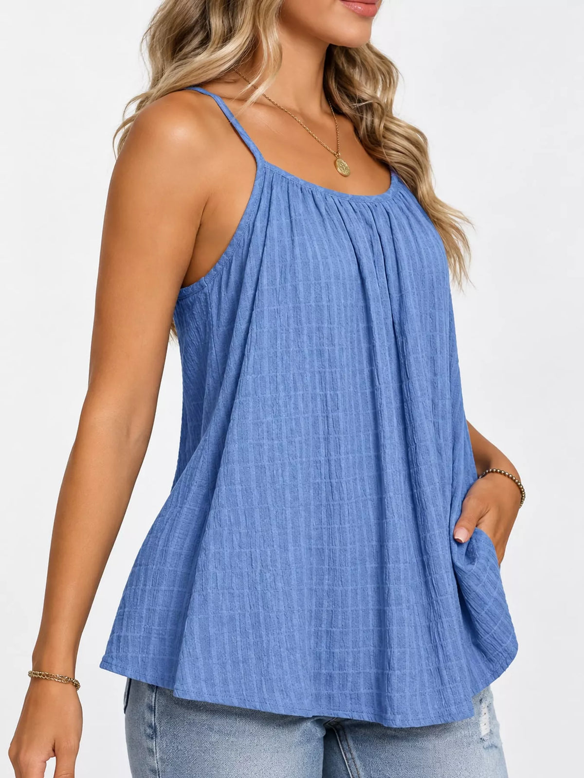 Blue textured cami, side view