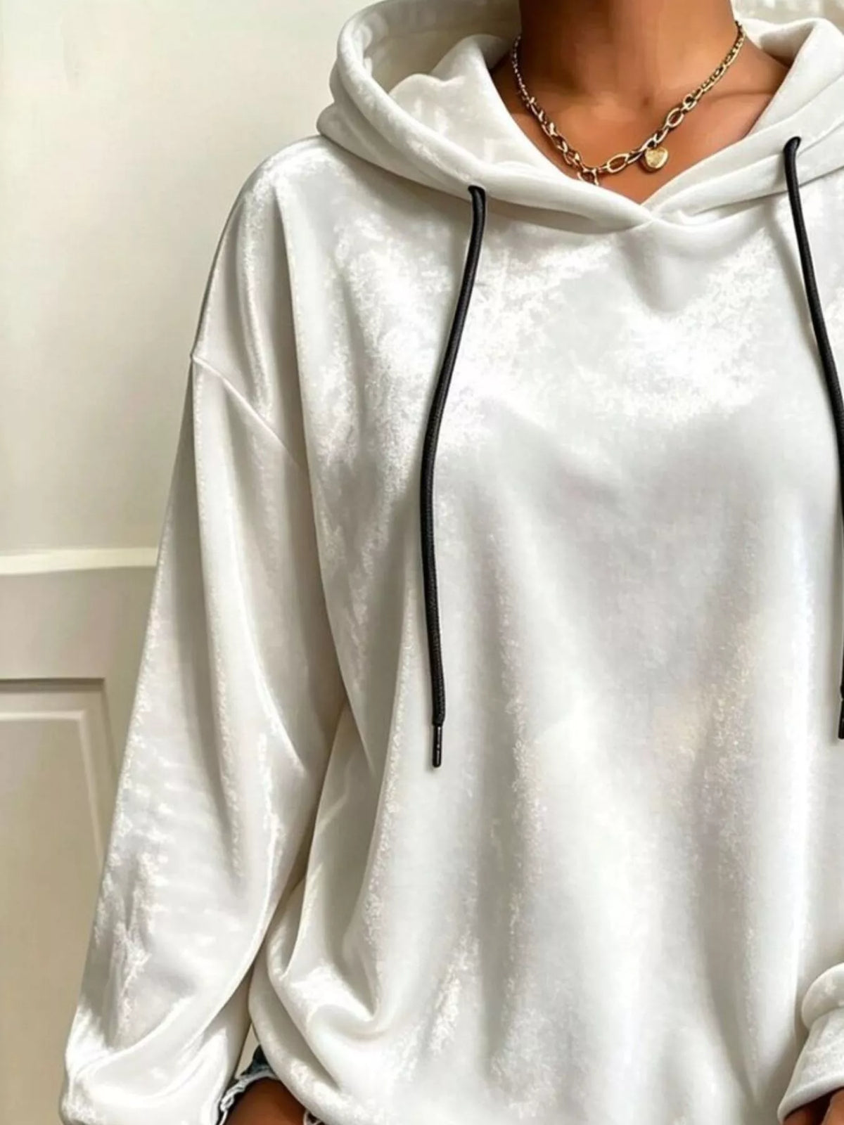 White velvet drawstring hoodie, hood and drawstring neckline