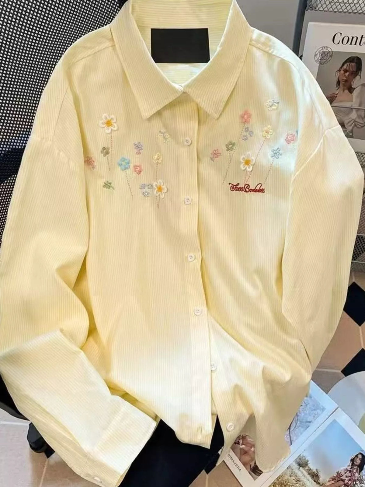Striped Floral Embroidered Oversized Shirt in yellow with floral embroidery and stripes
