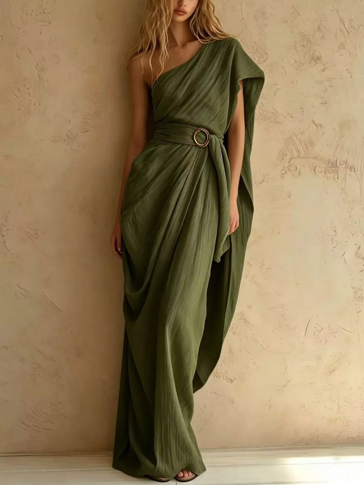 Green one-shoulder draped maxi dress, full front view