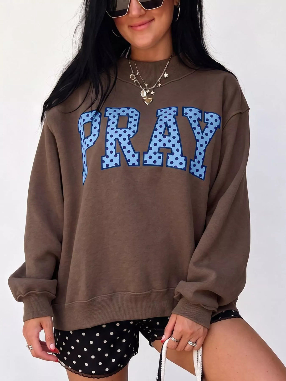 PRAY Polka Dot Embroidered Mock Neck Sweatshirt in dark brown, front view