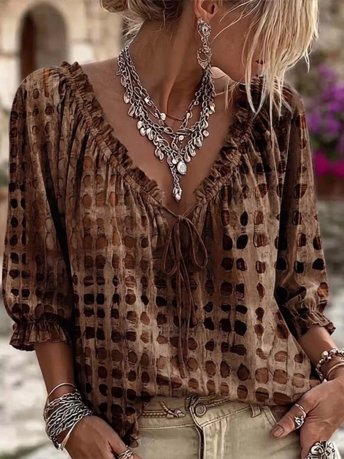 Brown Tie Neck 3/4 Sleeve Blouse front view
