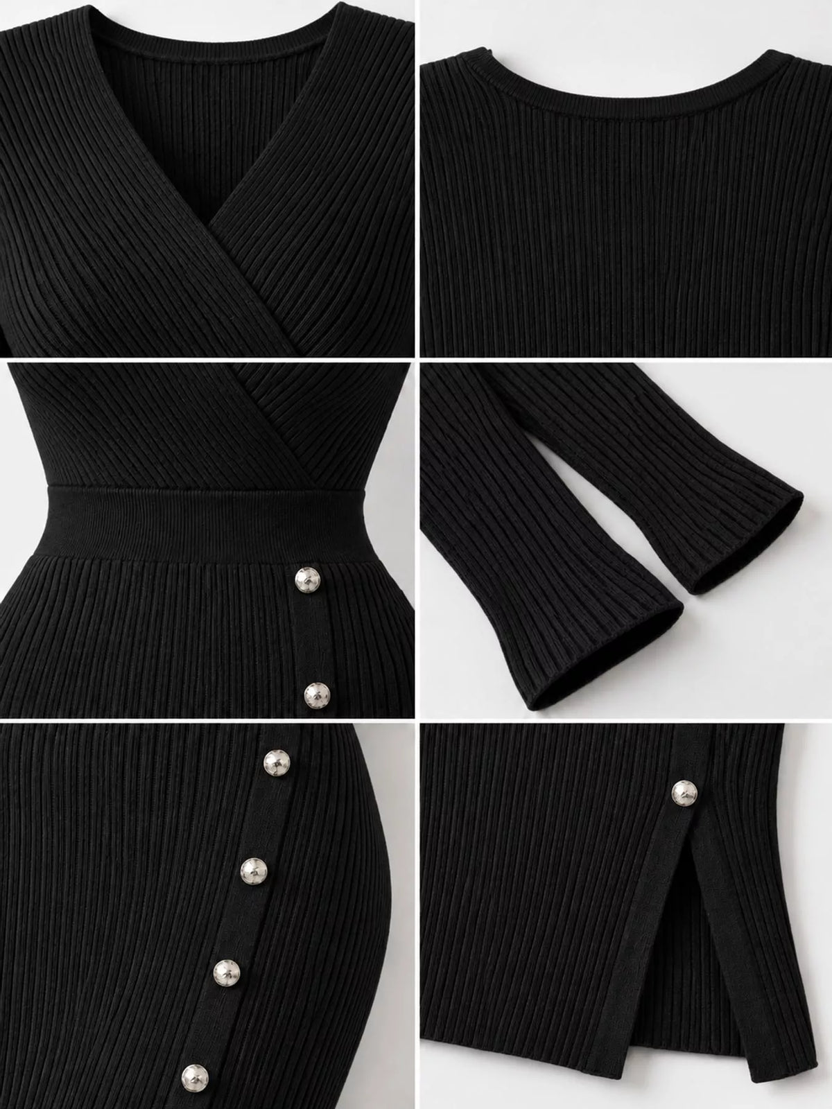 Black decorative button ribbed knit sweater dress, detail view