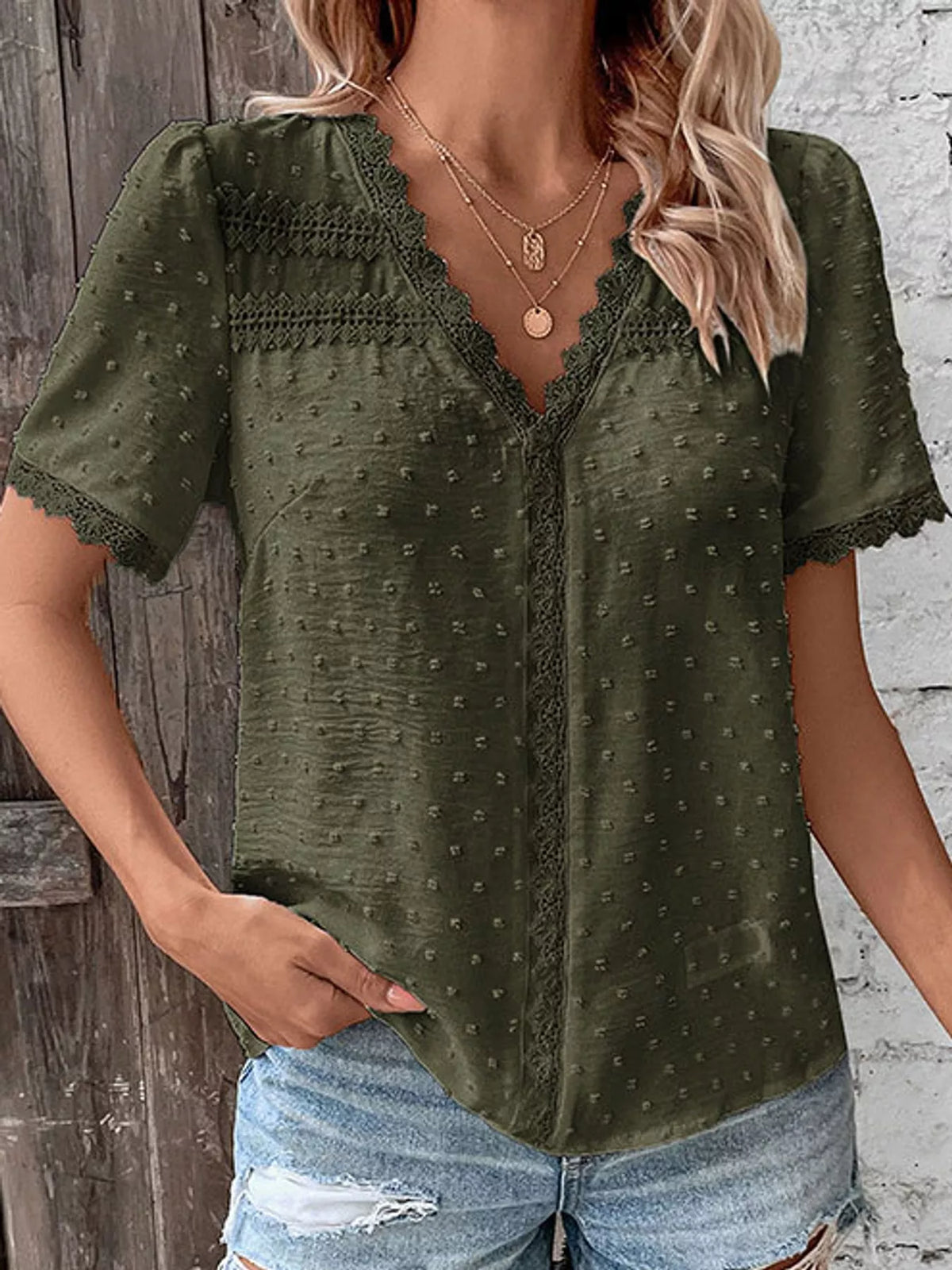 Army Green swiss dot v-neck blouse with lace trim