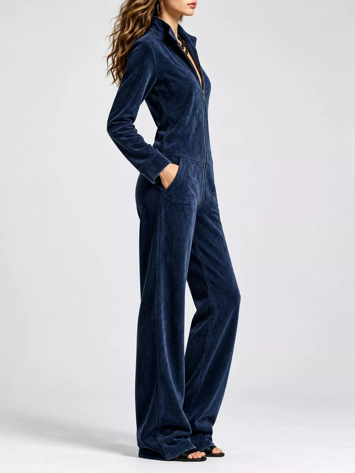 Velour Zip-Up Jumpsuit with Pockets, side view