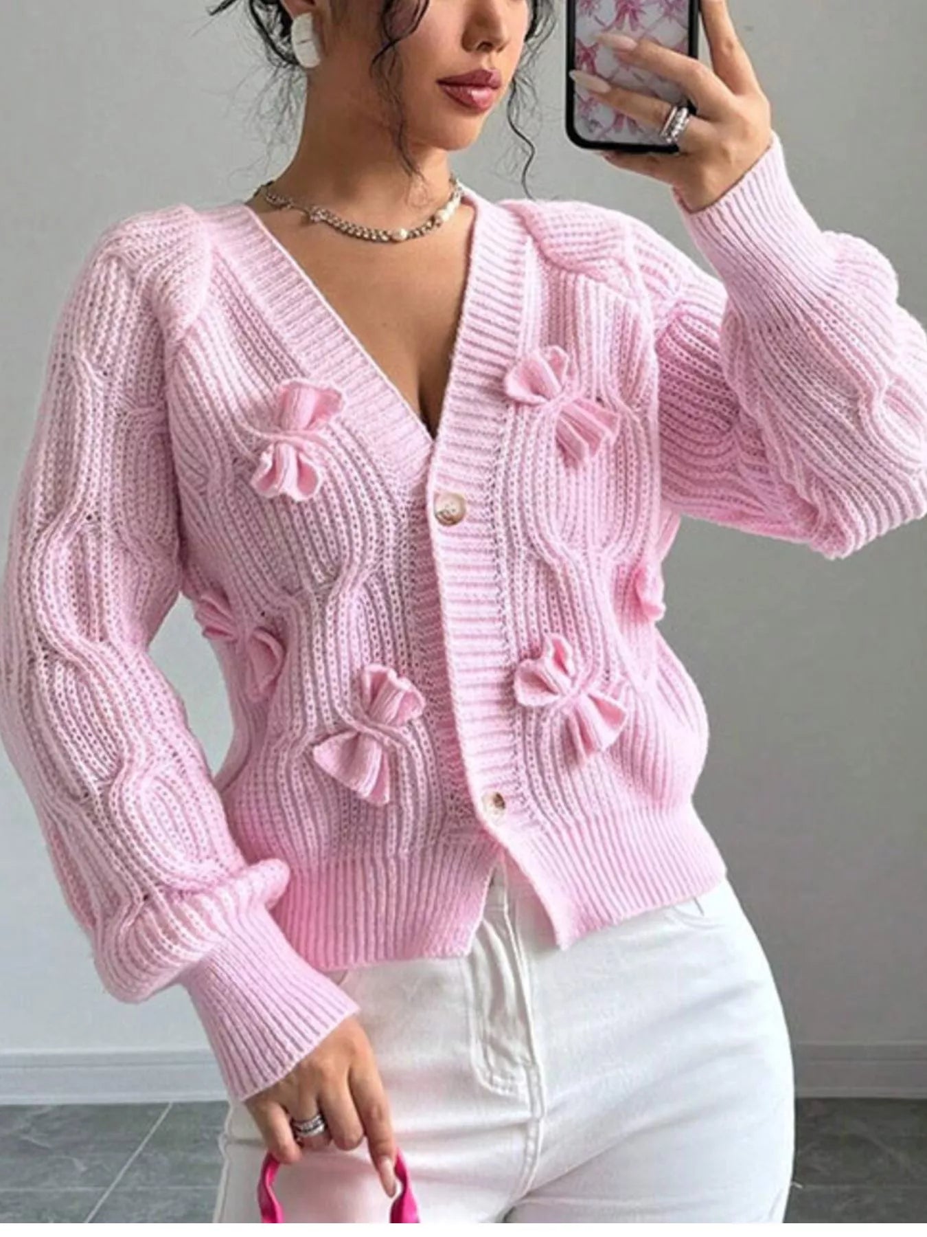 Trendsi Bow Cable Knit V-Neck Cardigan -