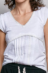 Trendsi POL V-Neck Lightweight Textured Short Sleeve Knit Top with Lace Trim -