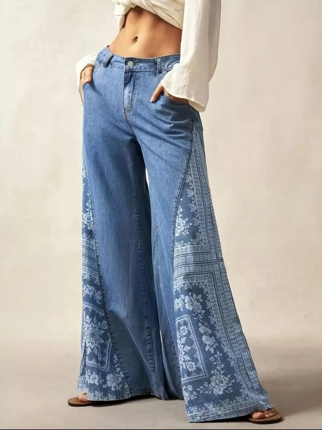Trendsi Floral Print Wide-Leg Flare Jeans -