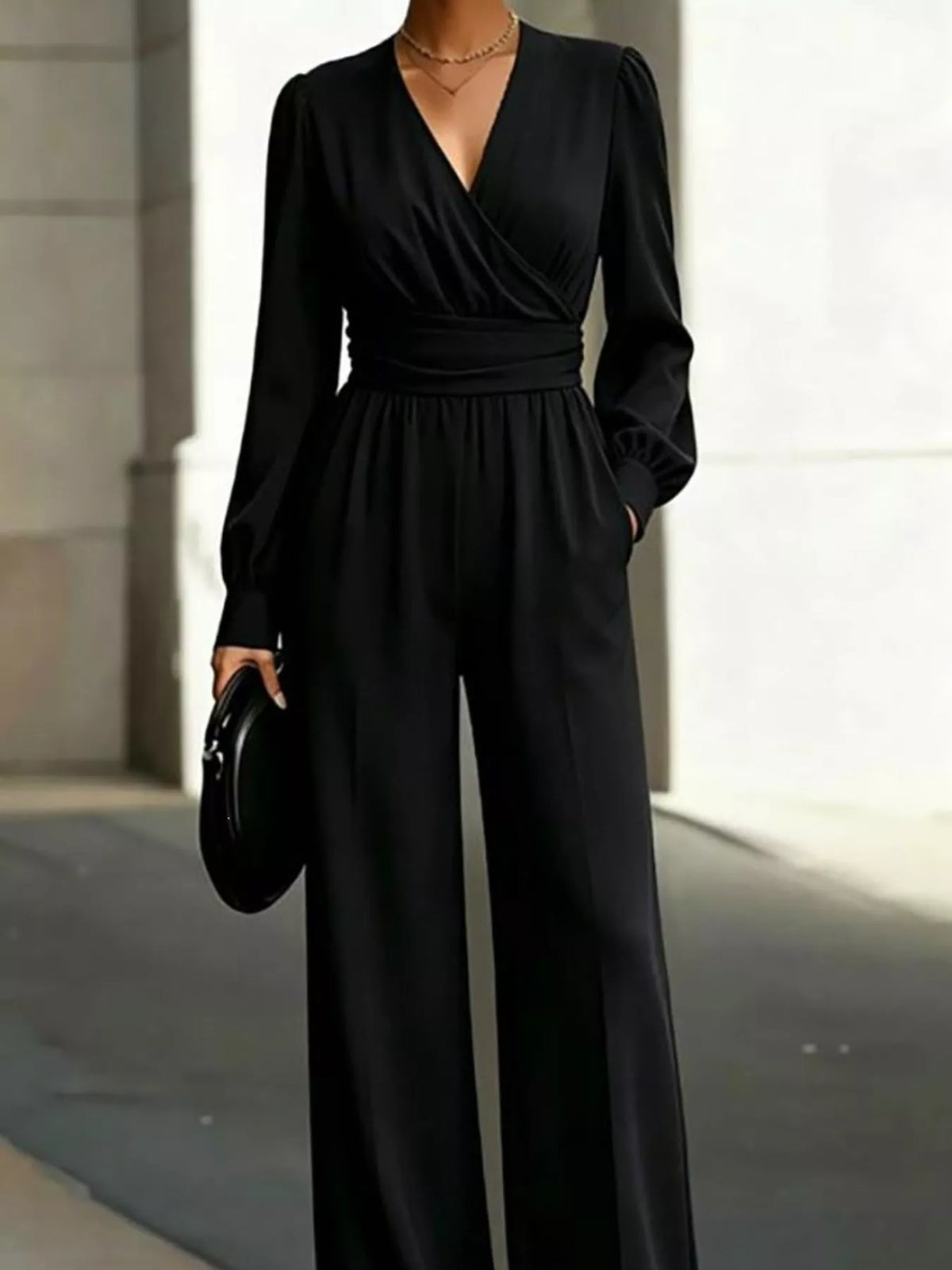 Surplice Long Sleeve Wide-Leg Jumpsuit in black, front view