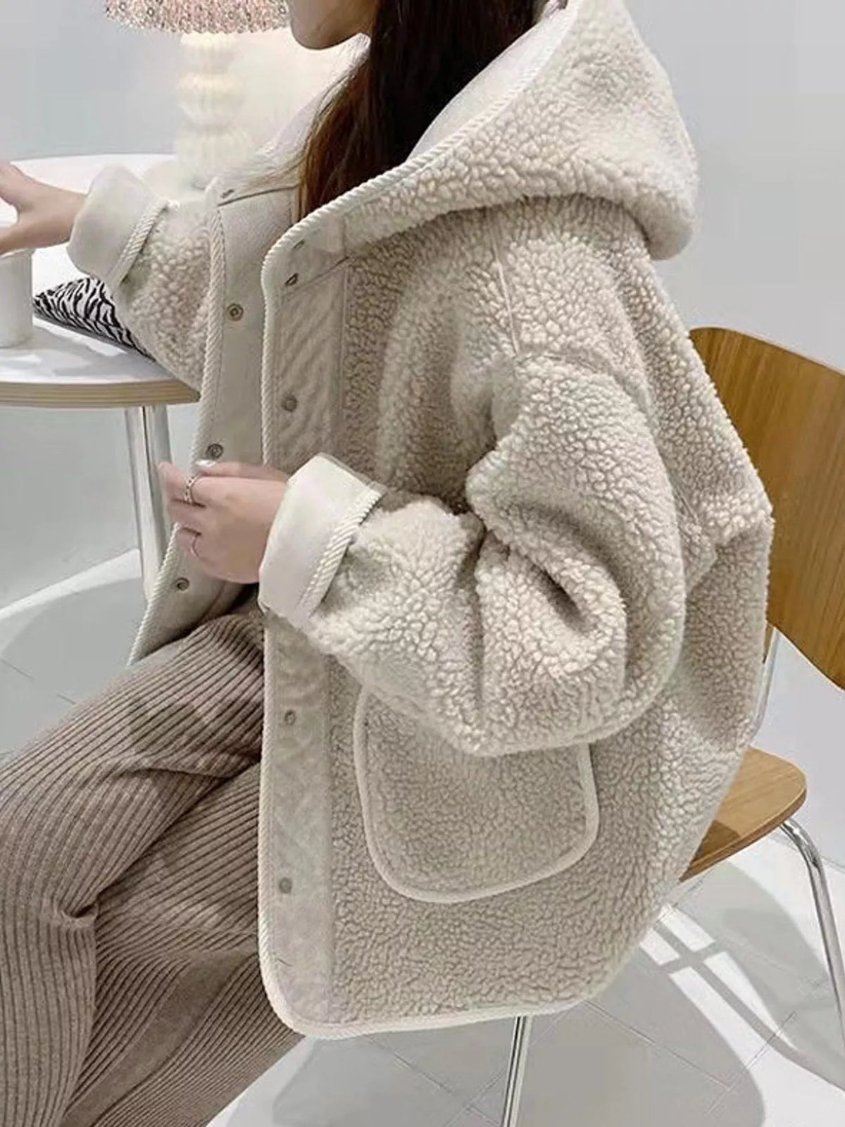 Apricot sherpa fleece hooded snap-button jacket