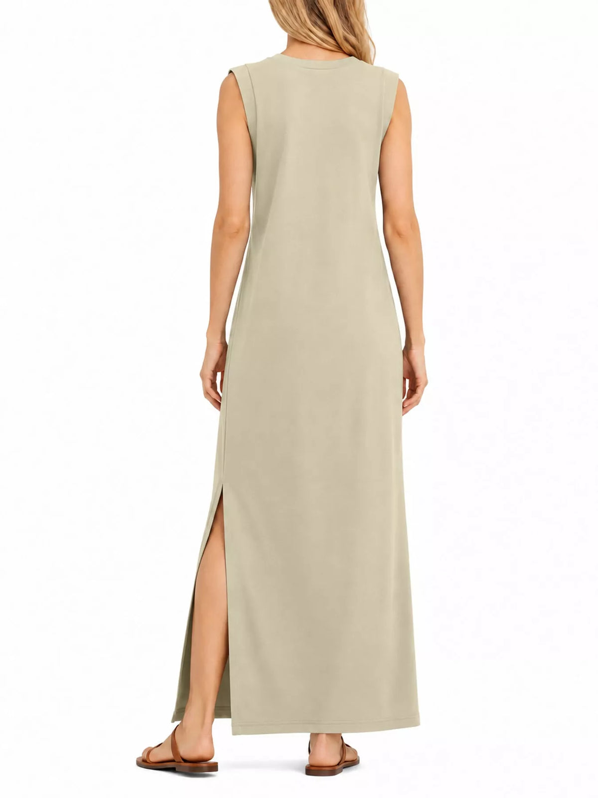 Round neck sleeveless maxi dress, back view