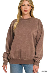 Trendsi Zenana Fleece Acid Enzyme Washed Round Neck Sweatshirts -