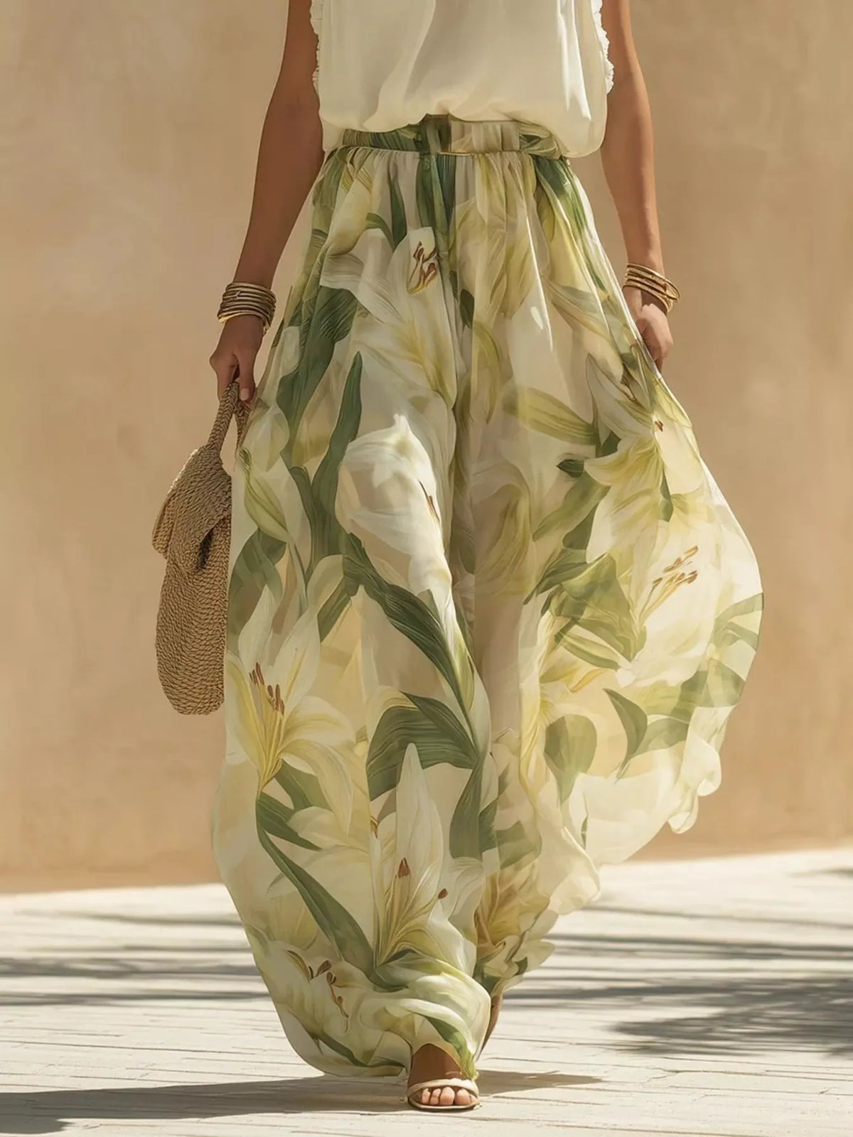 Cream and green ruffled sleeveless top and pants set, floral pants detail