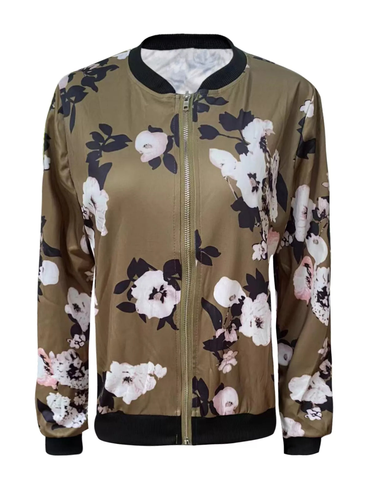 Olive floral printed zip-up bomber jacket — front view