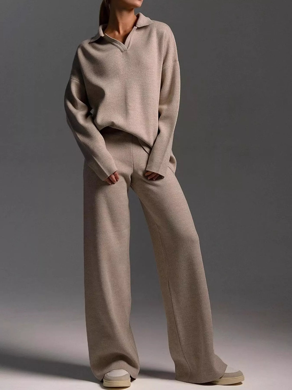 Polo top and pants set, taupe full front