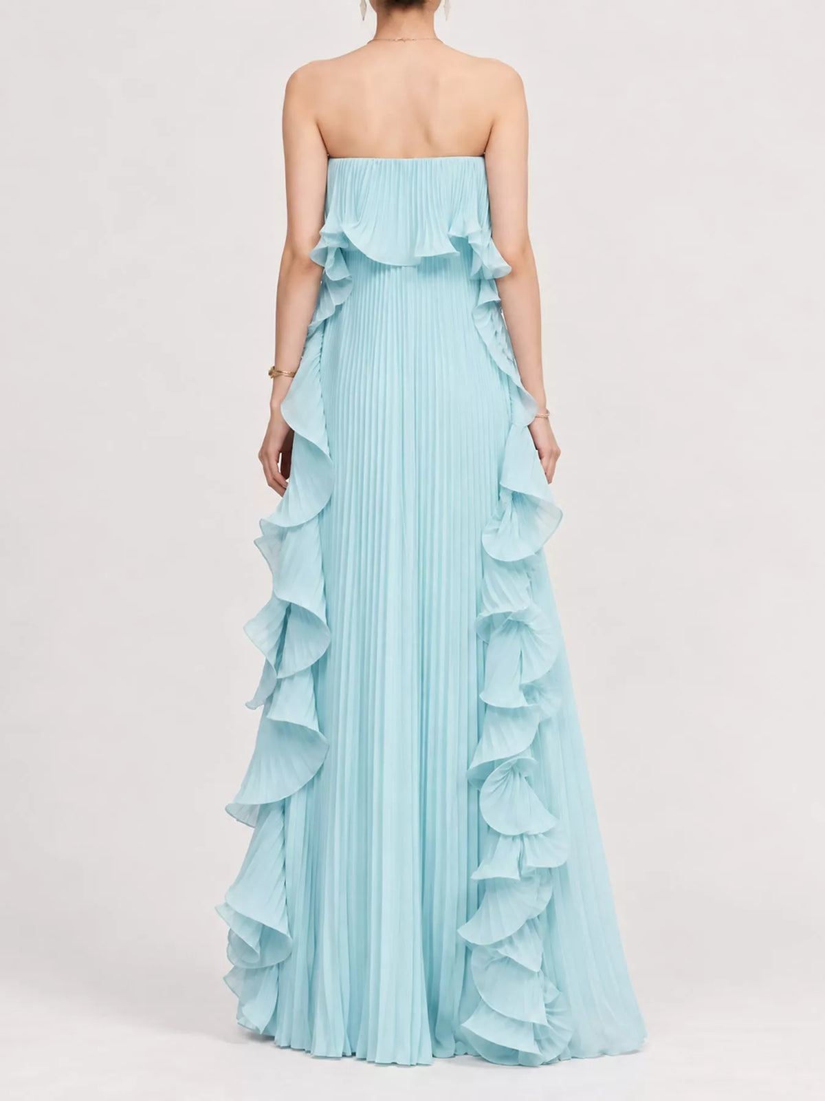 Ruffled Strapless Pleated Maxi Dress — back view