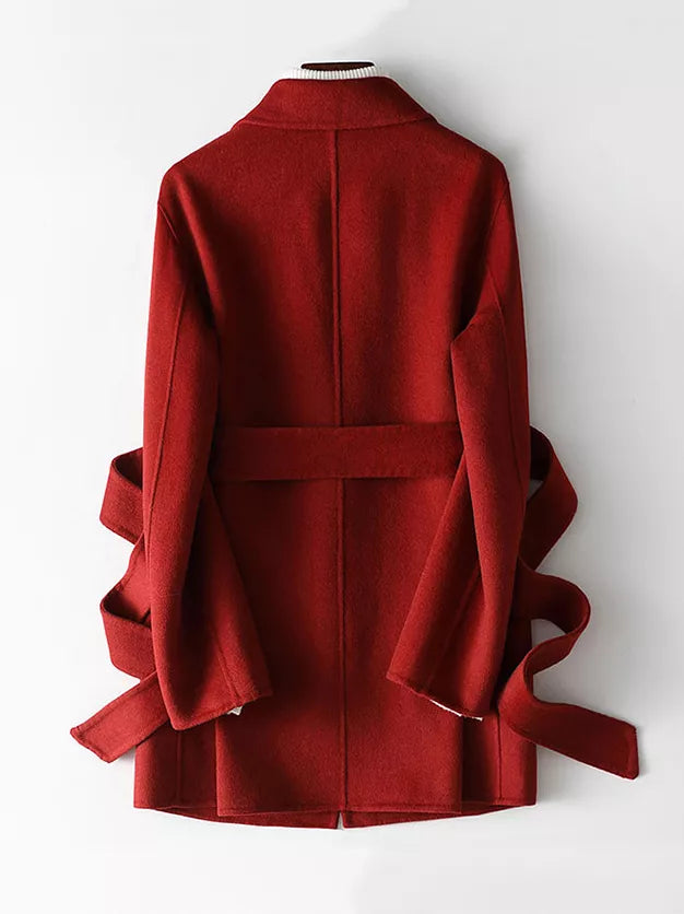 Red belted double-sided wool coat, back view