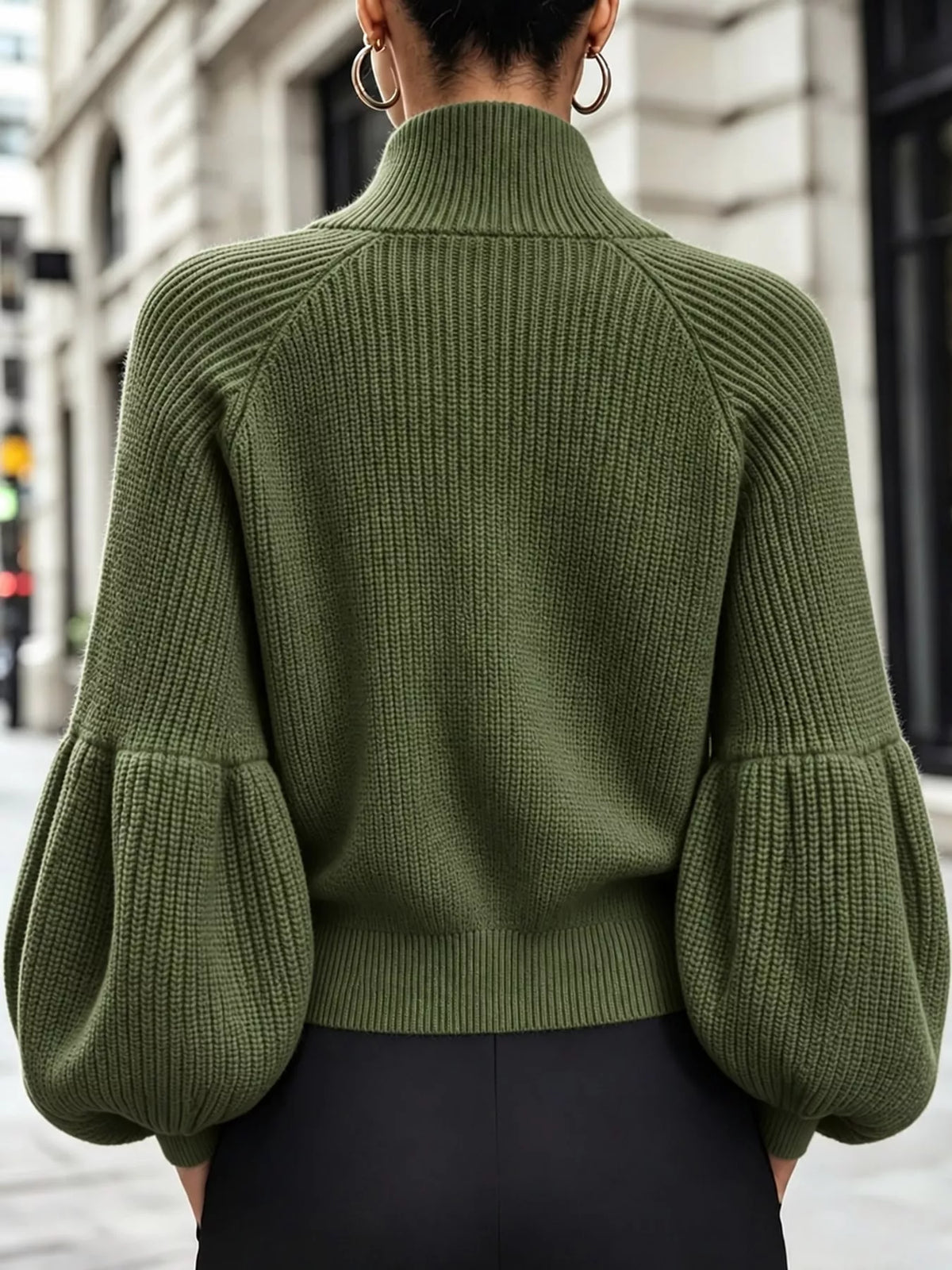 Army Green ribbed knit zip-up lantern sleeve cardigan, back view