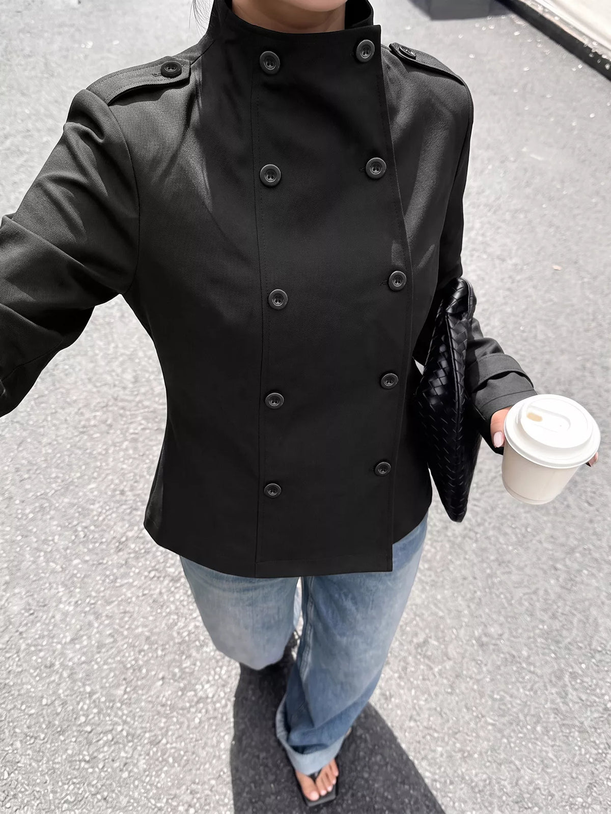 Double-Breasted Military-Style Stand Collar Jacket — front view