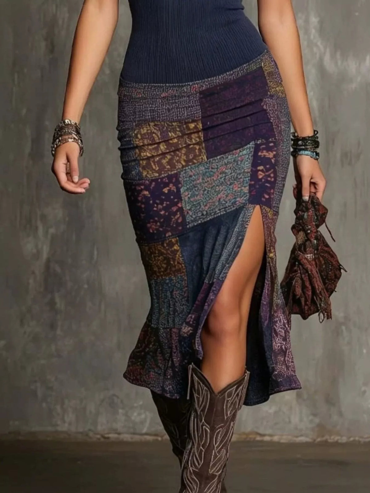 Navy printed slit midi dress, skirt and slit detail