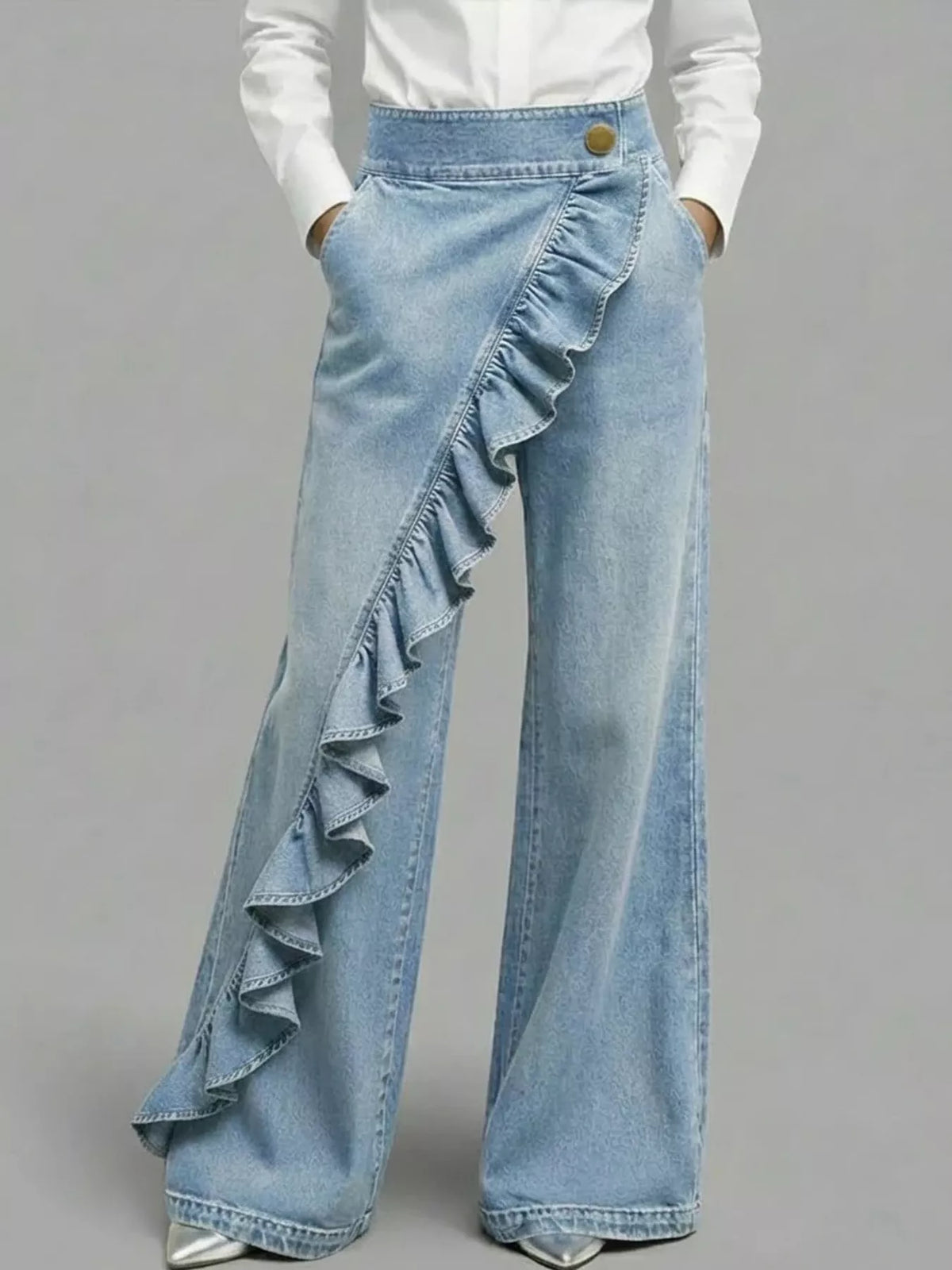Asymmetrical Ruffled Wide-Leg Jeans in light blue