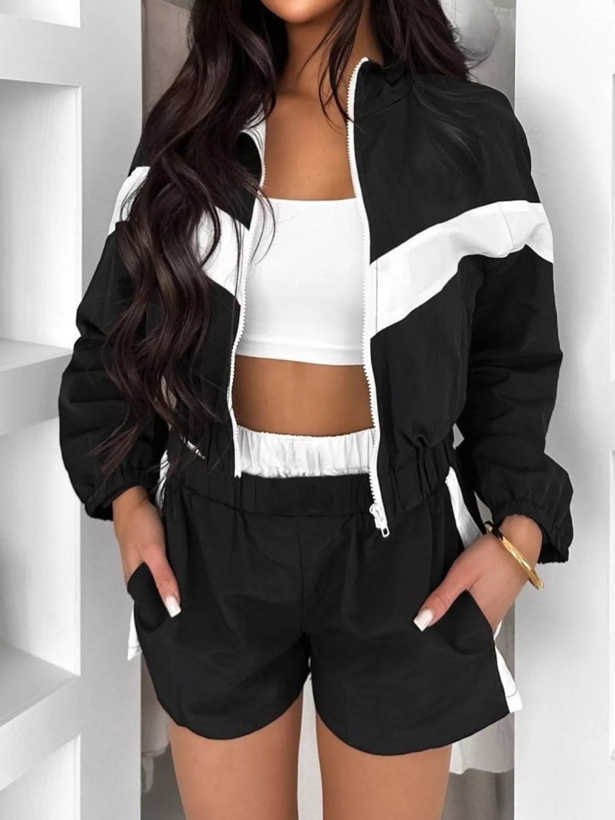 Trendsi Color Block Zip-Up Jacket and Shorts Two-Piece Set -