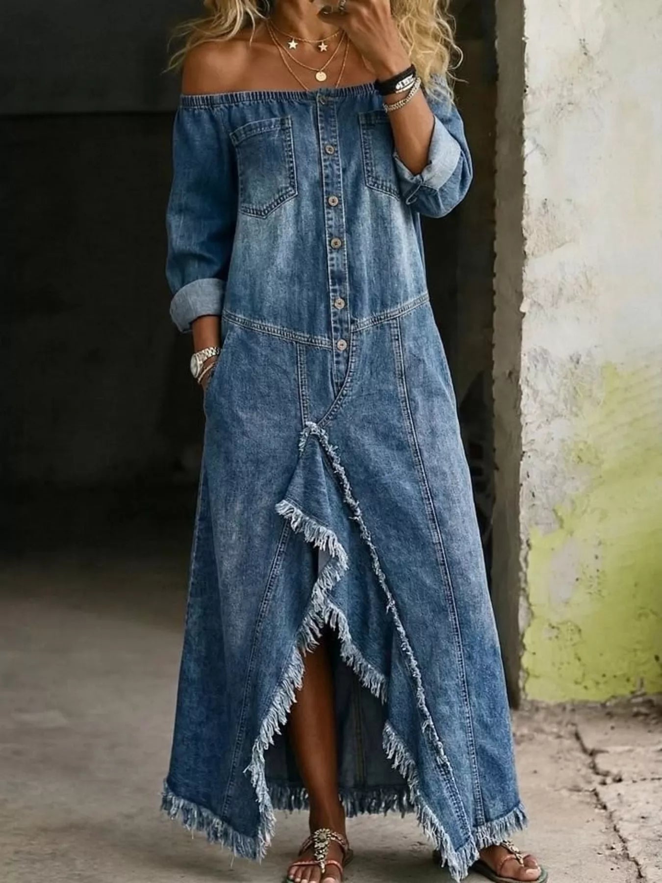 Trendsi Full Size Off-Shoulder Raw Hem Slit Denim Maxi Dress Plus Size -