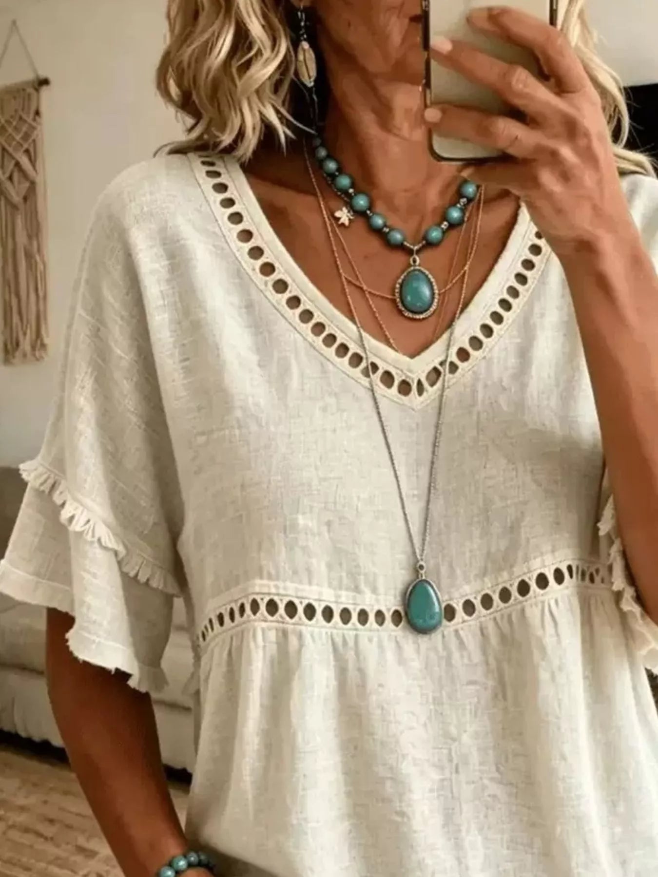 Trendsi Eyelet V-Neck Frayed Edge T-Shirt -